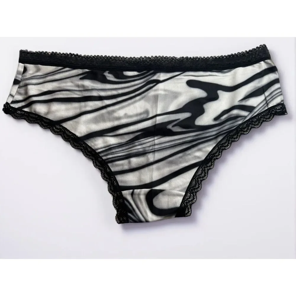 New Bikini Brief Lace Accent Black White Abstract Small Panties Underwear NWOT